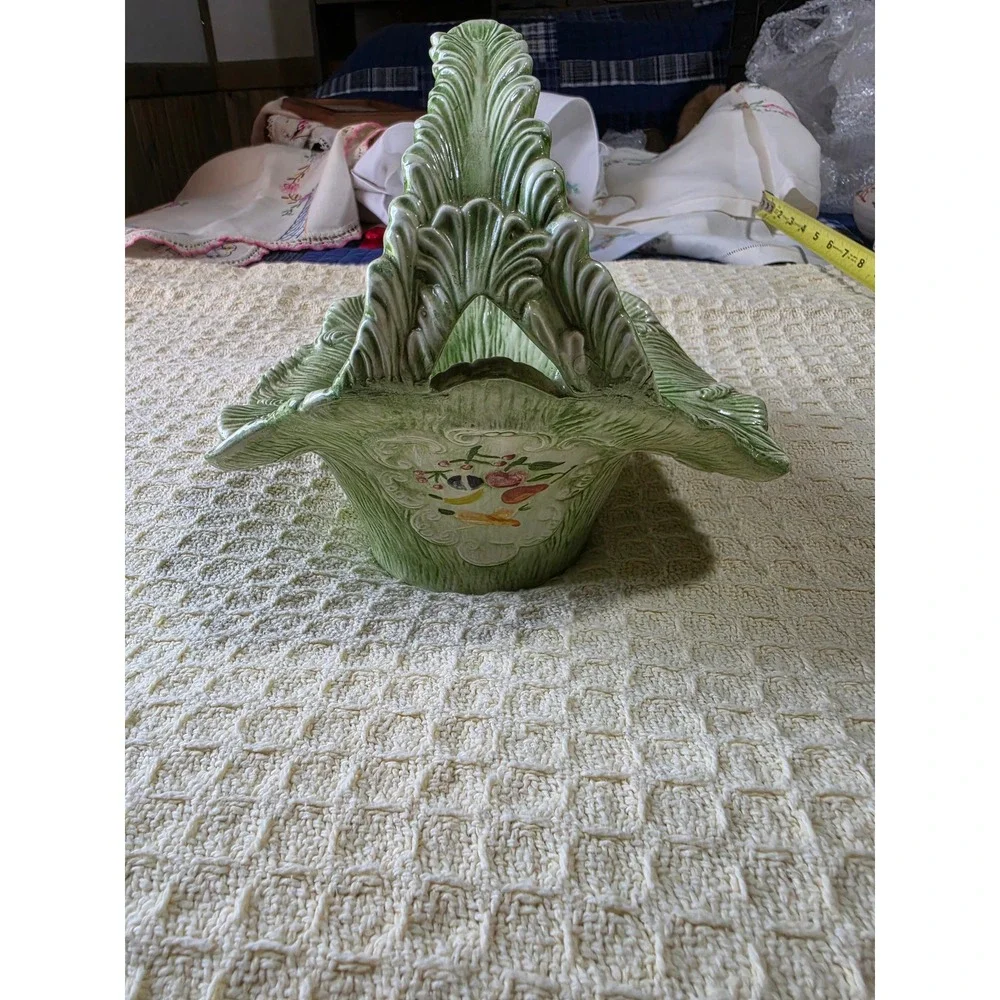 Vintage Green Cabbage Leaf Ceramic Basket Fruit Bowl